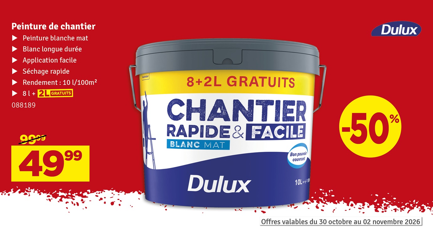 Peinture pour murs et plafonds Chantier Rapide & Facile blanc mat 8 L + 2 L GRATUIT DULUX